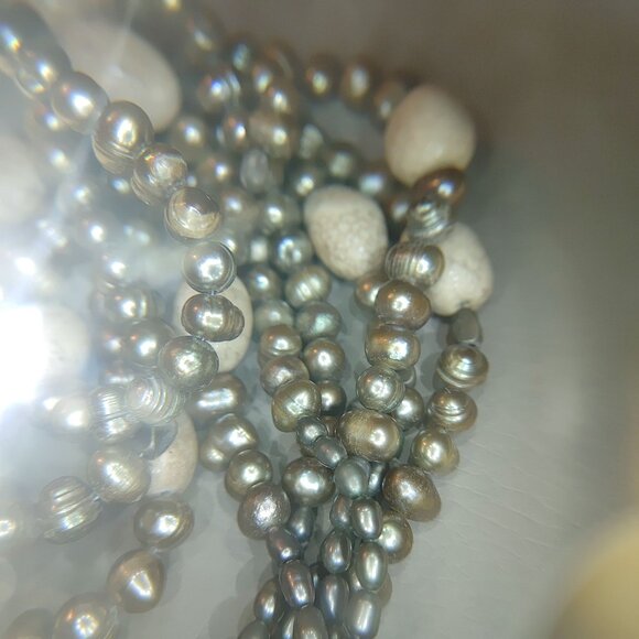 Cultured Pearl Necklace Baroque Sterling Stone Beige Cream Rock Statement Earth - Picture 3 of 16